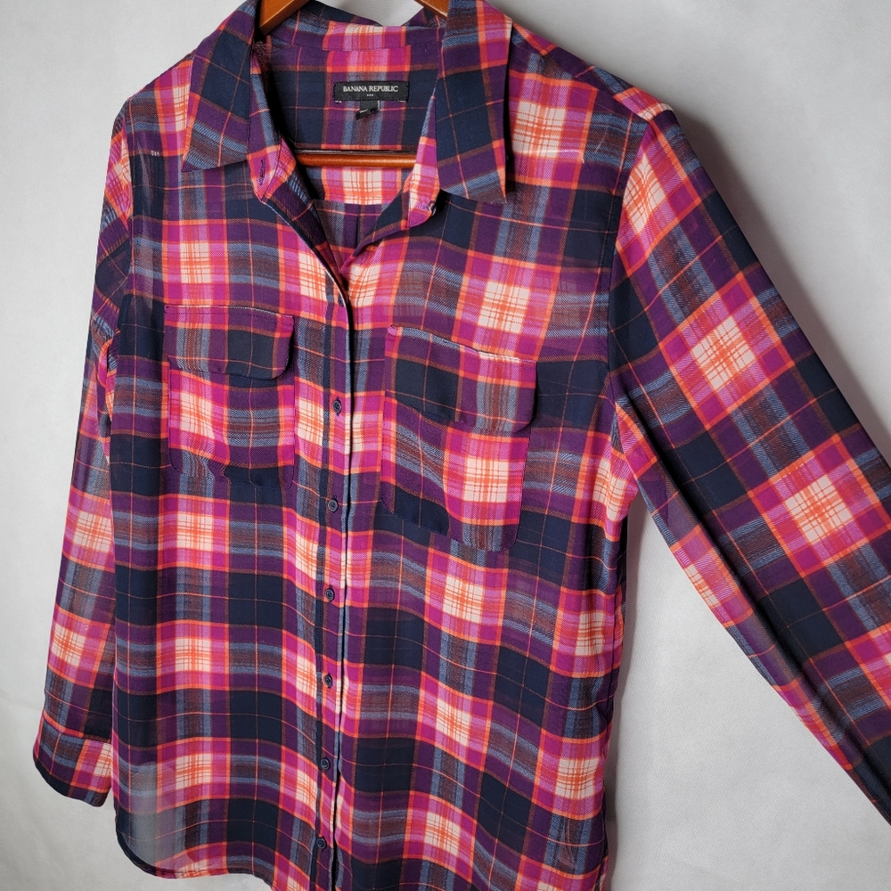 Banana Republic Factory Button-up Shirt Sheer Pink Blue Plaid Long Sleeve Preppy - Picture 2 of 12